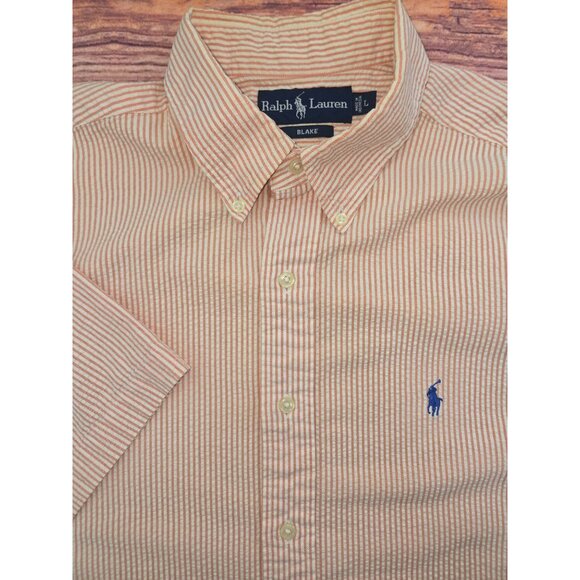 Ralph Lauren Blake Orange Striped Button-Down Seersucker Shirt Mens Large - Picture 4 of 8